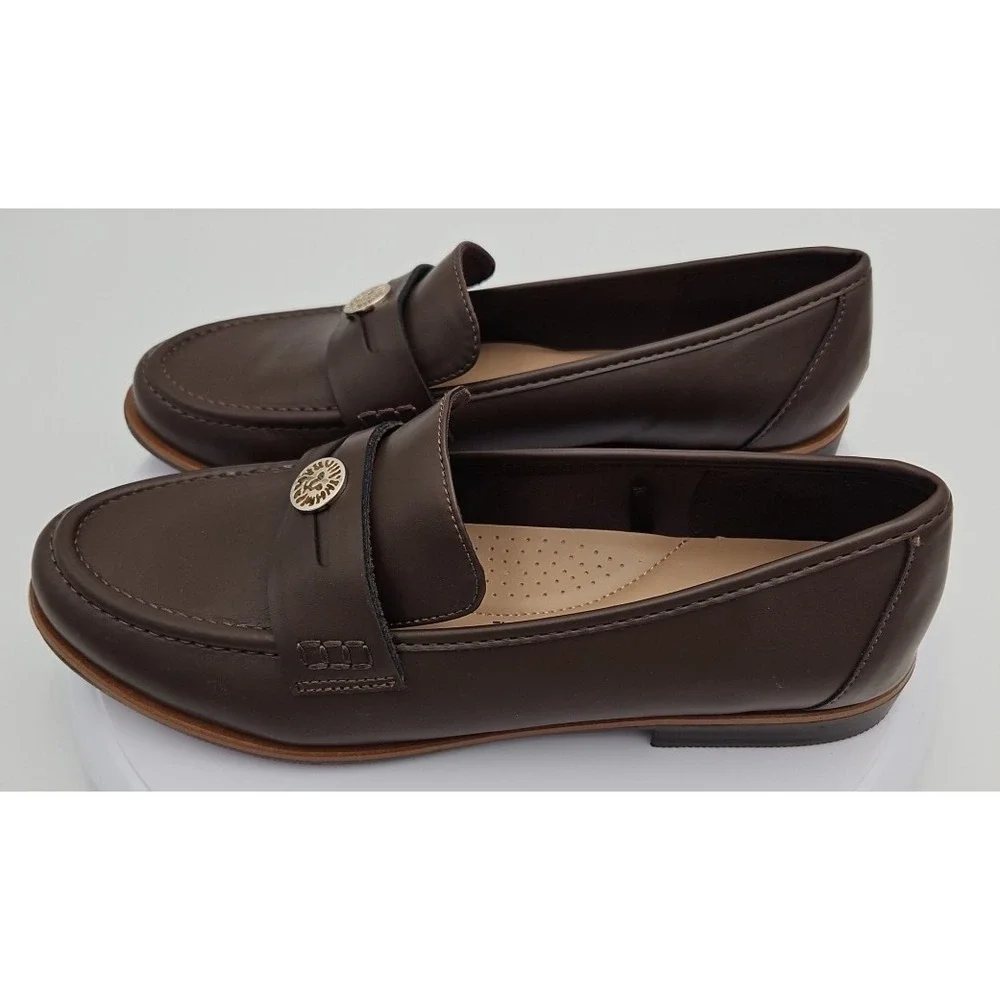 Anne Klein AK Brown Soft Leather iFlex Dress Penny Loafers Gold Logo W/7.5 NWOB